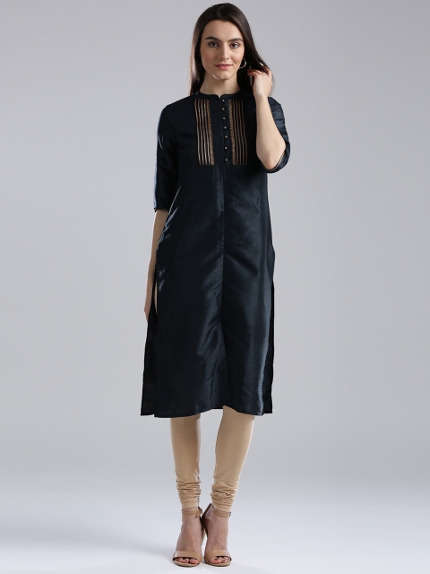 

W Women Navy Sequinned Straight Kurta, Navy blue