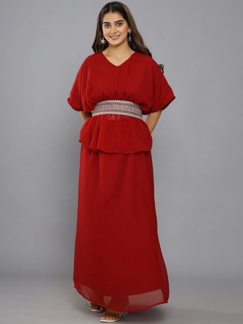 

KEEP CART Women Maroon Embroidered Top with Skirt