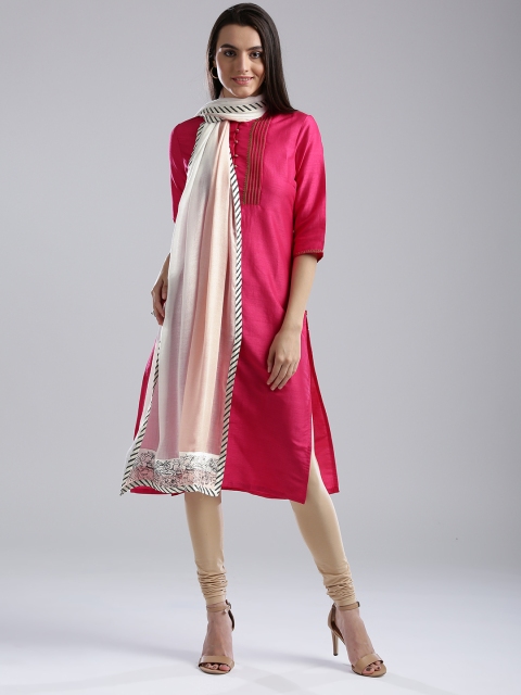 

W Off-White & Pink Colourblocked Dupatta