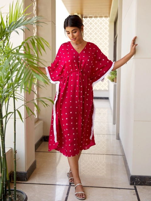

NANGALIA RUCHIRA Women Red Bandhani Printed Kaftan Dress