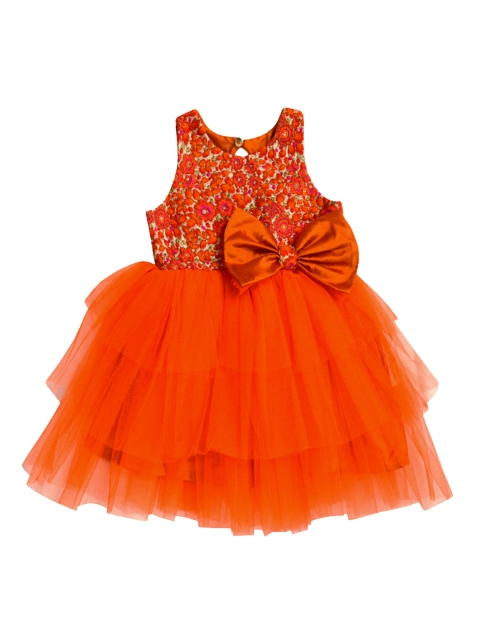 

A.T.U.N All Things Uber Nice Girls Orange Self-Design Fit and Flare Dress
