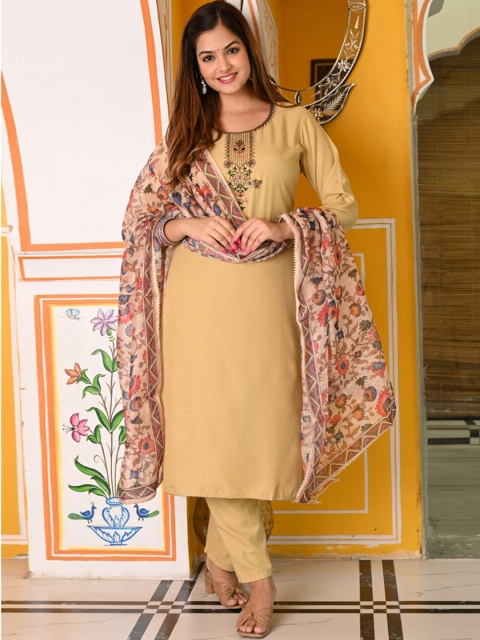 

KALINI Women Floral Yoke Design Kurta with Trouser & Dupatta, Beige