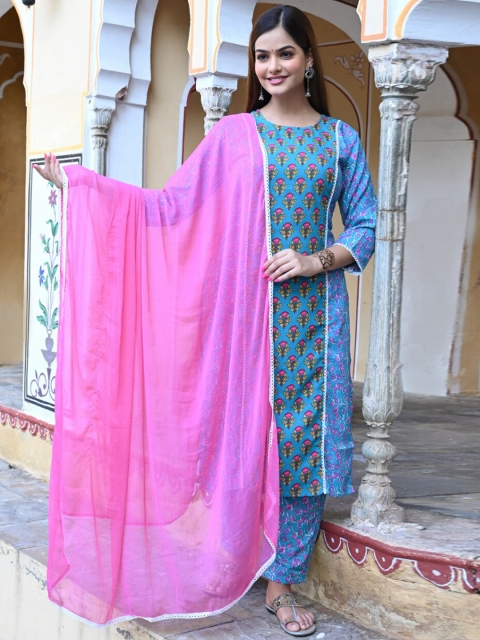 

KALINI Women Floral Printed Kurta with Trouser & Dupatta, Blue