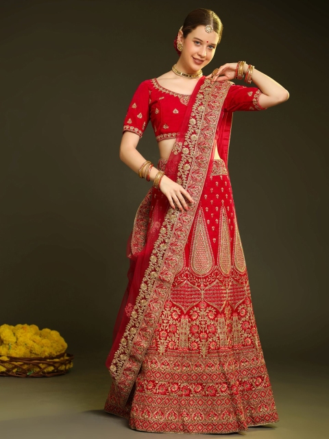 

Phenav Embroidered Thread Work Ready to Wear Lehenga & Blouse With Dupatta, Red