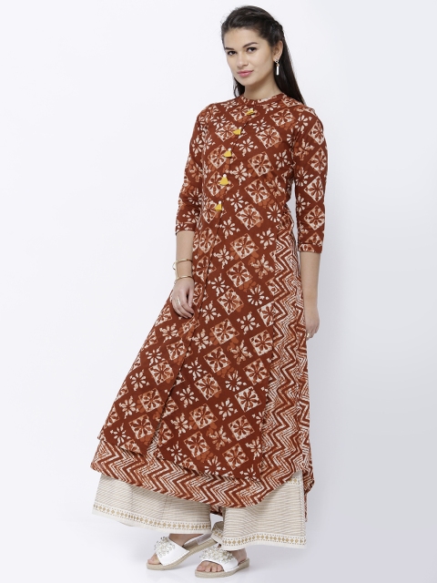 

Vishudh Women Rust Brown & Cream-Coloured Printed A-Line Kurta