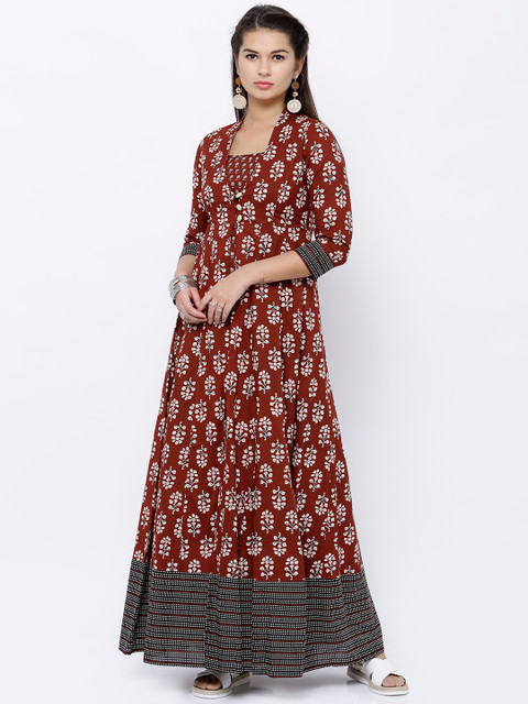 

Vishudh Women Maroon & Cream-Coloured Printed A-Line Kurta with Ethnic Jacket