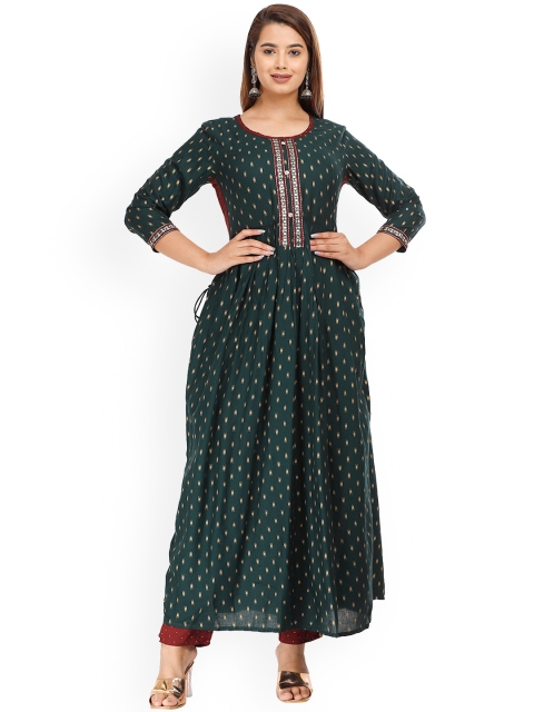 

KALINI Women Ethnic Motifs Printed High Slit Kurta with Trouser, Green