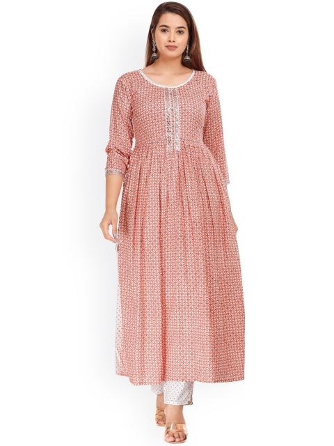 

KALINI Women Floral Printed High Slit Kurta with Trouser, Peach