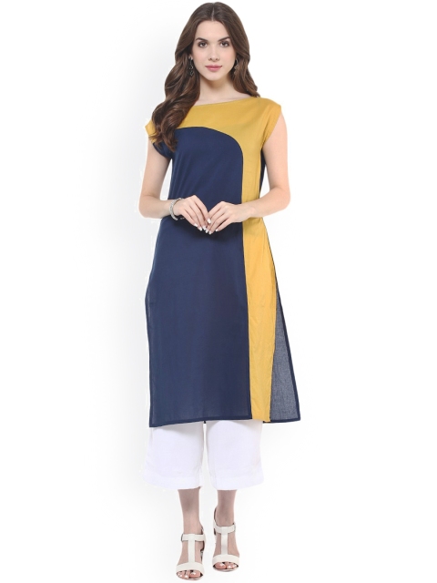

Pannkh Women Mustard & Navy Colourblocked Straight Kurta