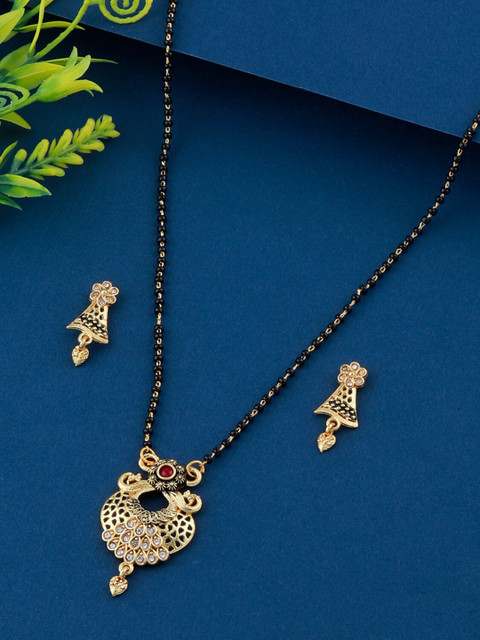 

Silver Shine Gold-Plated Black & Stone Studded & Beaded Mangalsutra With Earrings