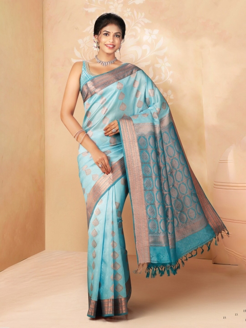 

SAMUDRIKA PATTU Blue & Copper-Toned Ethnic Motifs Zari Pure Silk Kanjeevaram Saree