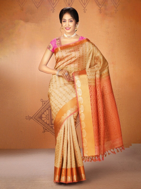 

SAMUDRIKA PATTU Tan & Orange Ethnic Motifs Zari Pure Silk Kanjeevaram Saree