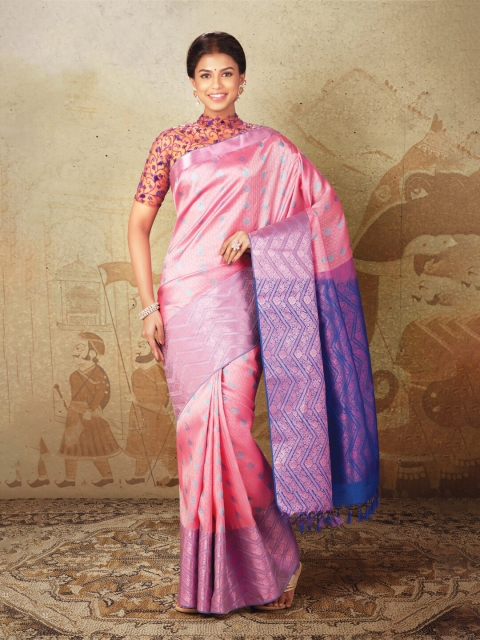 

SAMUDRIKA PATTU Pink & Blue Ethnic Motifs Zari Pure Silk Kanjeevaram Saree