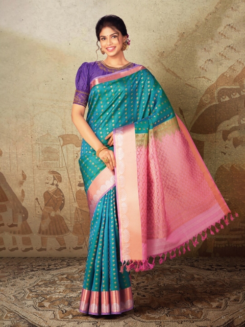 

SAMUDRIKA PATTU Green & Pink Ethnic Motifs Zari Pure Silk Kanjeevaram Saree