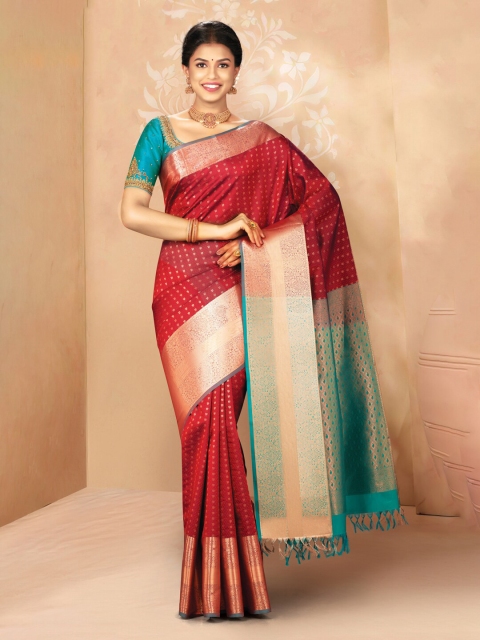 

SAMUDRIKA PATTU Maroon & Blue Ethnic Motifs Zari Pure Silk Kanjeevaram Saree