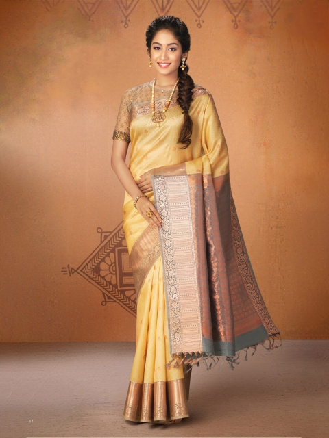

SAMUDRIKA PATTU Beige & Gold-Toned Ethnic Motifs Zari Pure Silk Kanjeevaram Saree