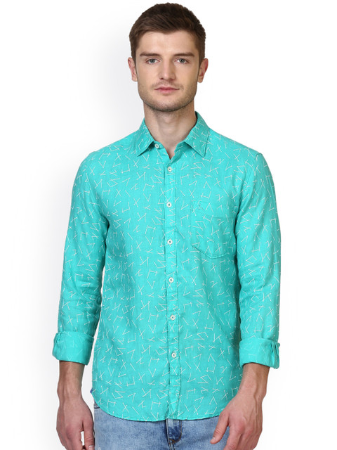 

Parx Men Sea Green Smart Slim Fit Printed Linen Casual Shirt