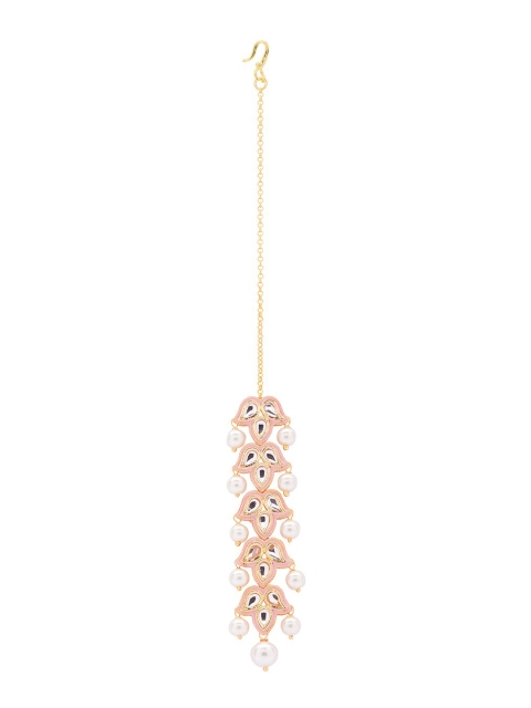 

Ahaanya Pink Enamelled Gold-Plated Kundan Polki Maang Tikka With White Drops