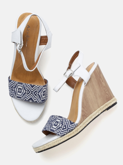 

Mast & Harbour Women Navy Blue & White Woven Design Wedges