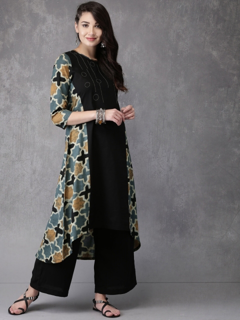 

Anouk Women Black & Teal Blue Printed A-Line Kurta