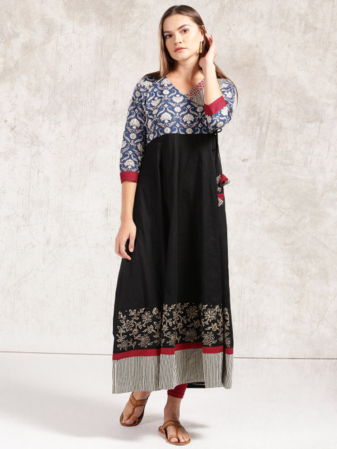 

Anouk Women Black & Beige Printed Angrakha Style Anarkali Kurta