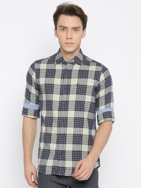 

Nautica Men Navy & Yellow Regular Fit Checked Casual Shirt, Navy blue