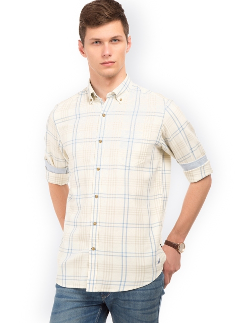 

Nautica Men White & Beige Regular Fit Checked Casual Shirt