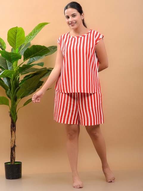 

misbis Women Striped Night suit -night suit-Strip-Red-S-Red