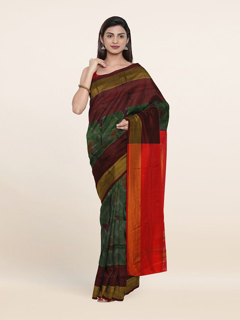 

Pothys Green & Orange Zari Pure Silk Pochampally Saree