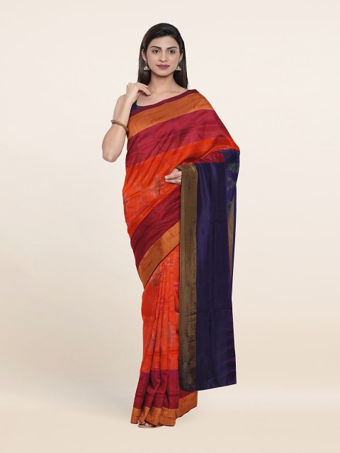 

Pothys Orange & Navy Blue Zari Pure Silk Pochampally Saree