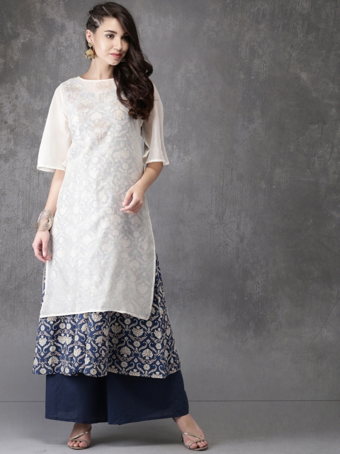 

Anouk Women Off-White & Blue Printed A-Line Kurta