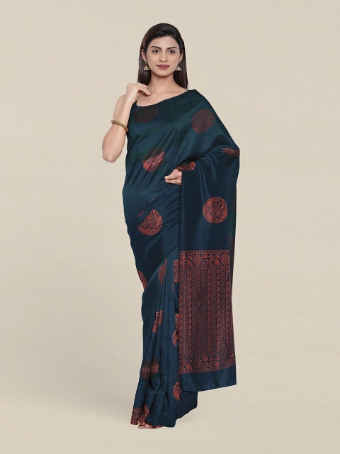 

Pothys Teal & Gold-Toned Ethnic Motifs Zari Pure Silk Saree
