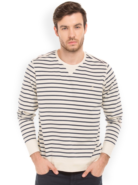 

Nautica Men White Striped Round Neck T-shirt