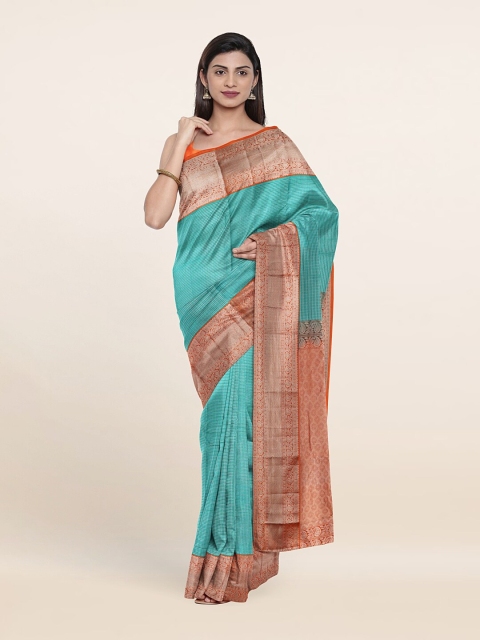 

Pothys Blue & Orange Checked Zari Pure Silk Kanjeevaram Saree