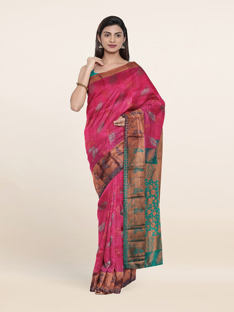 

Pothys Pink & Green Floral Zari Pure Silk Saree