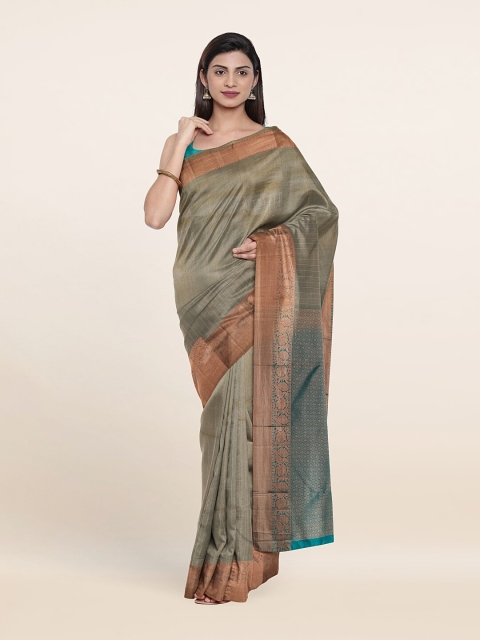 

Pothys Grey & Turquoise Blue Striped Zari Pure Silk Kanjeevaram Saree