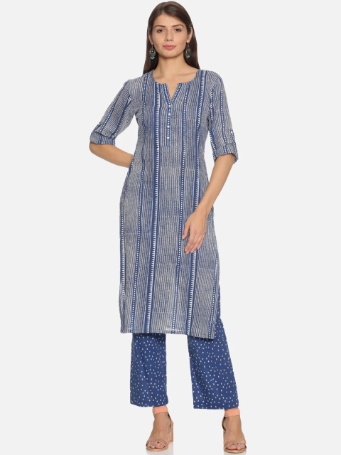 

Nangalia Ruchira Women Striped Pure Cotton Kurta with Trousers, Blue