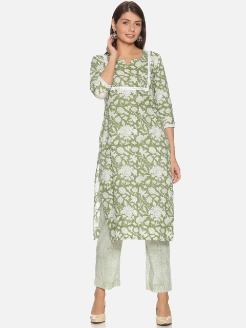 

Nangalia Ruchira Women Floral Printed Pure Cotton Kurta with Trousers, Green