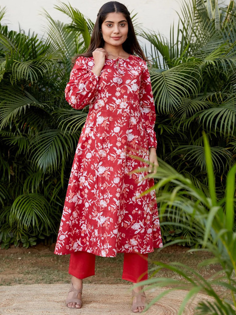 

Nangalia Ruchira Women Floral Printed Pure Cotton Kurta with Palazzos, Maroon