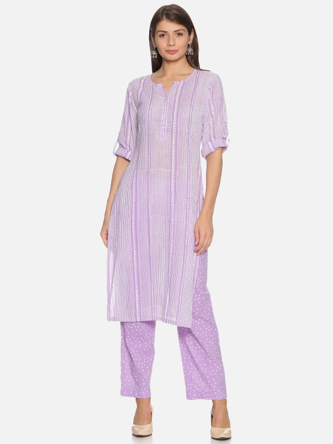 

NANGALIA RUCHIRA Women Purple Printed Pure Cotton Kurta with Trousers