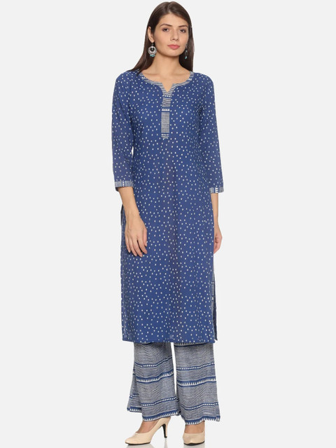 

NANGALIA RUCHIRA Women Navy Blue Printed Pure Cotton Kurta with Palazzos