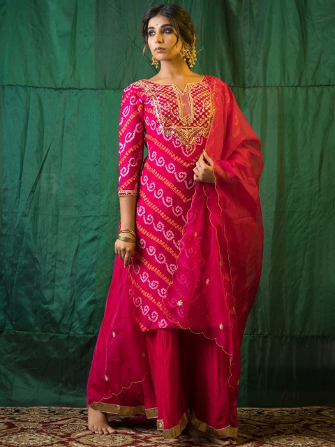 

NANGALIA RUCHIRA Women Pink Ethnic Motifs Pure Cotton Kurta with Sharara & Dupatta