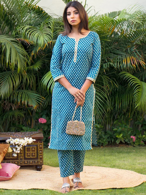 

NANGALIA RUCHIRA Women Teal Printed Pure Cotton Kurta with Trousers