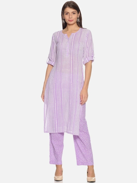 

NANGALIA RUCHIRA Women Lavender Striped Pure Cotton Kurta with Trousers