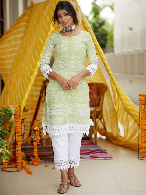 

NANGALIA RUCHIRA Women Olive Green Embroidered Thread Work Pure Cotton Kurta with Trousers