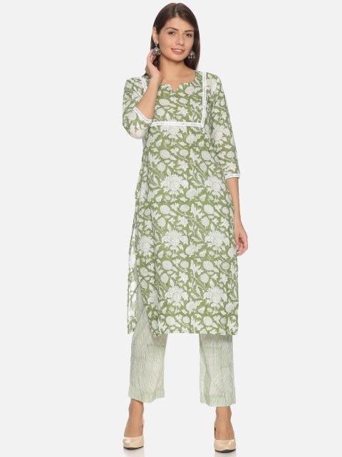 

NANGALIA RUCHIRA Women Green Floral Printed Pure Cotton Kurta with Trousers