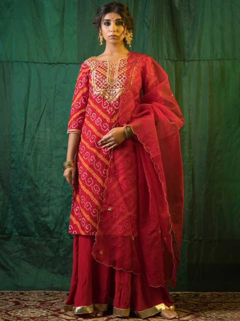 

NANGALIA RUCHIRA Women Red Bandhani Printed Pure Cotton Kurta with Sharara