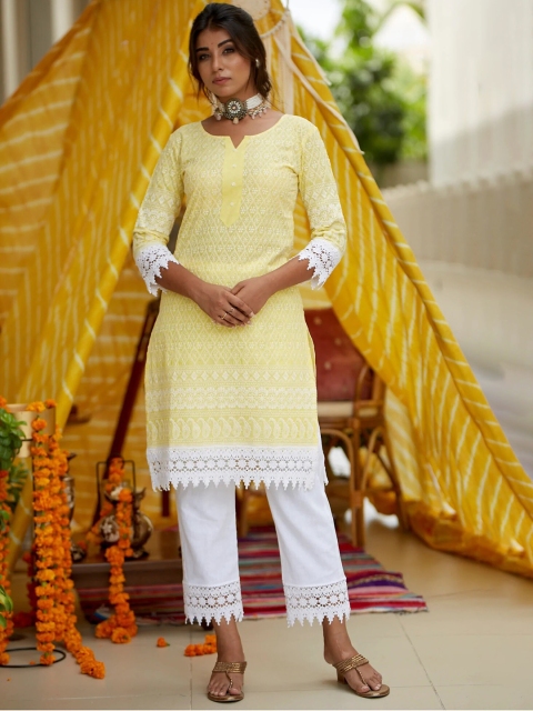 

NANGALIA RUCHIRA Women Yellow Floral Embroidered Chikankari Pure Cotton Kurta with Trousers