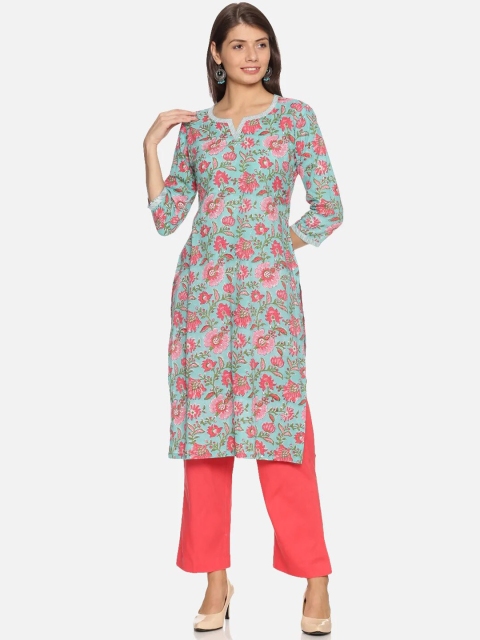 

NANGALIA RUCHIRA Women Green Floral Printed Pure Cotton Kurta with Trousers