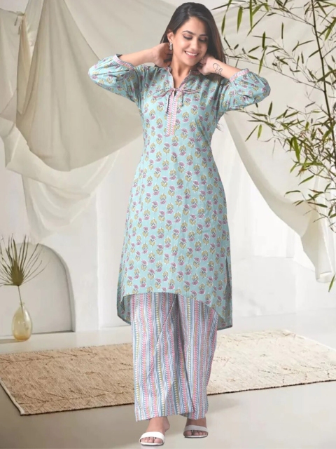 

NANGALIA RUCHIRA Women Green Floral Printed Pure Cotton Kurta with Trousers